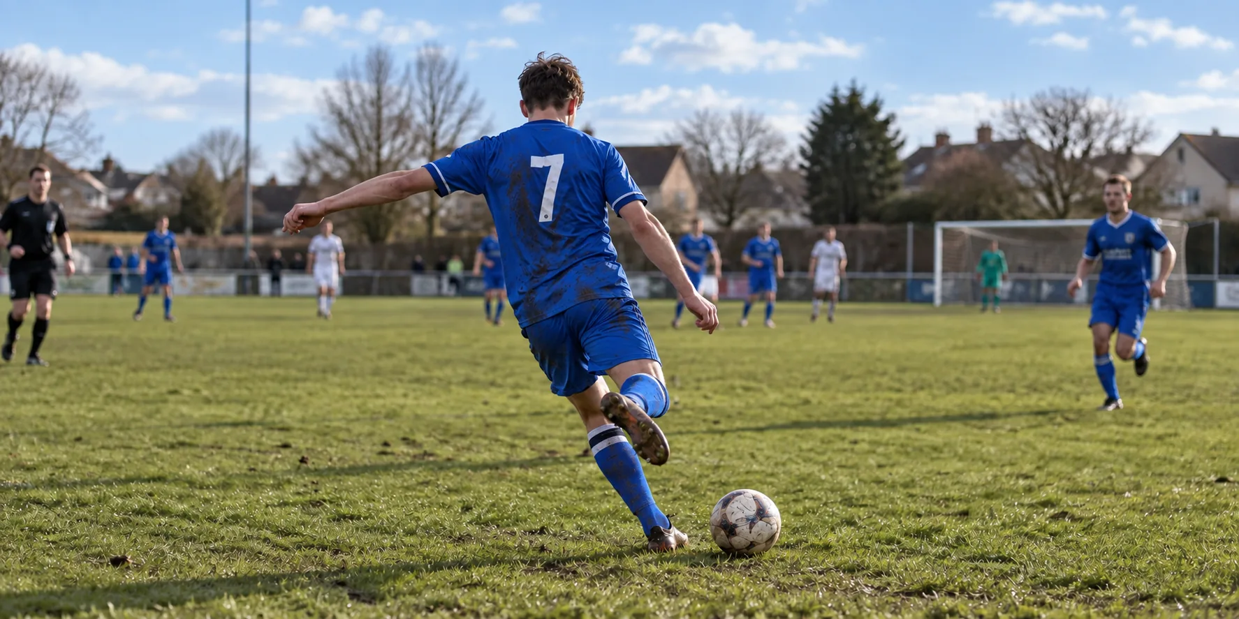 Fußballspieler in blauem Trikot beim Schuss auf dem Spielfeld